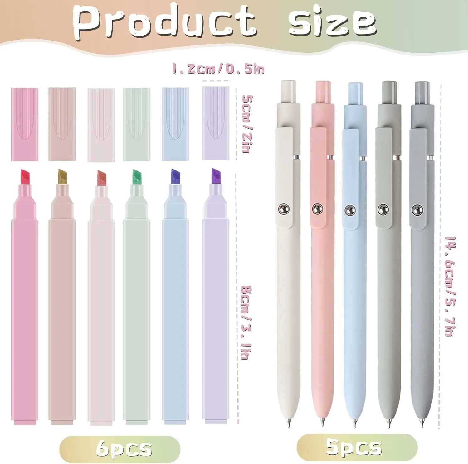 6PCS Highlighter Pastel Set 5Pcs Aesthetic Gel Pens,Mild Assorted Colours Highlighters Pens, Aesthetic Cute Pastel Highlighter with Chisel Tip, No Bleed Dry Fast for Bible, Notes, School