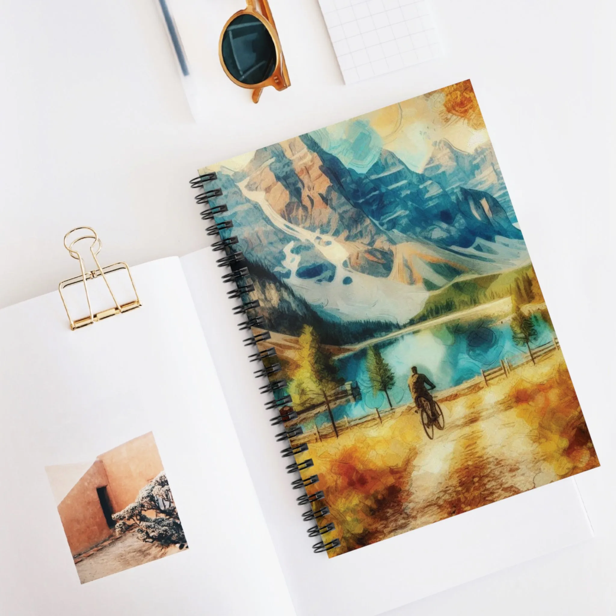 A man cycling and the mountain landscape Spiral Notebook - Ruled Line