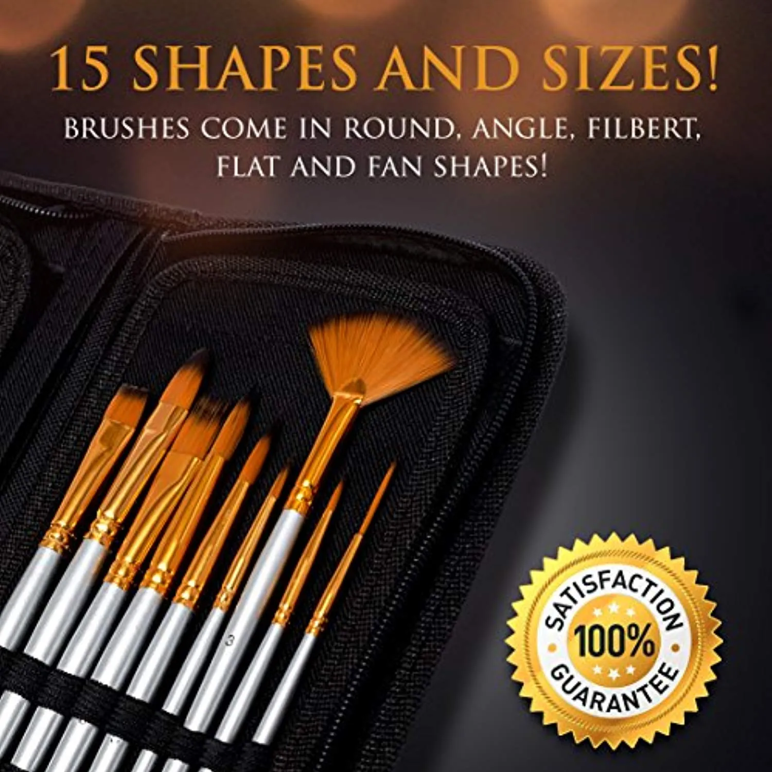 Artist Paint Brush Set – 15 Different Shapes & Sizes – FREE Painting Knife & Watercolor Sponge – No Shed Bristles – Wood Handles – For Body Paint, Acrylics & Oil