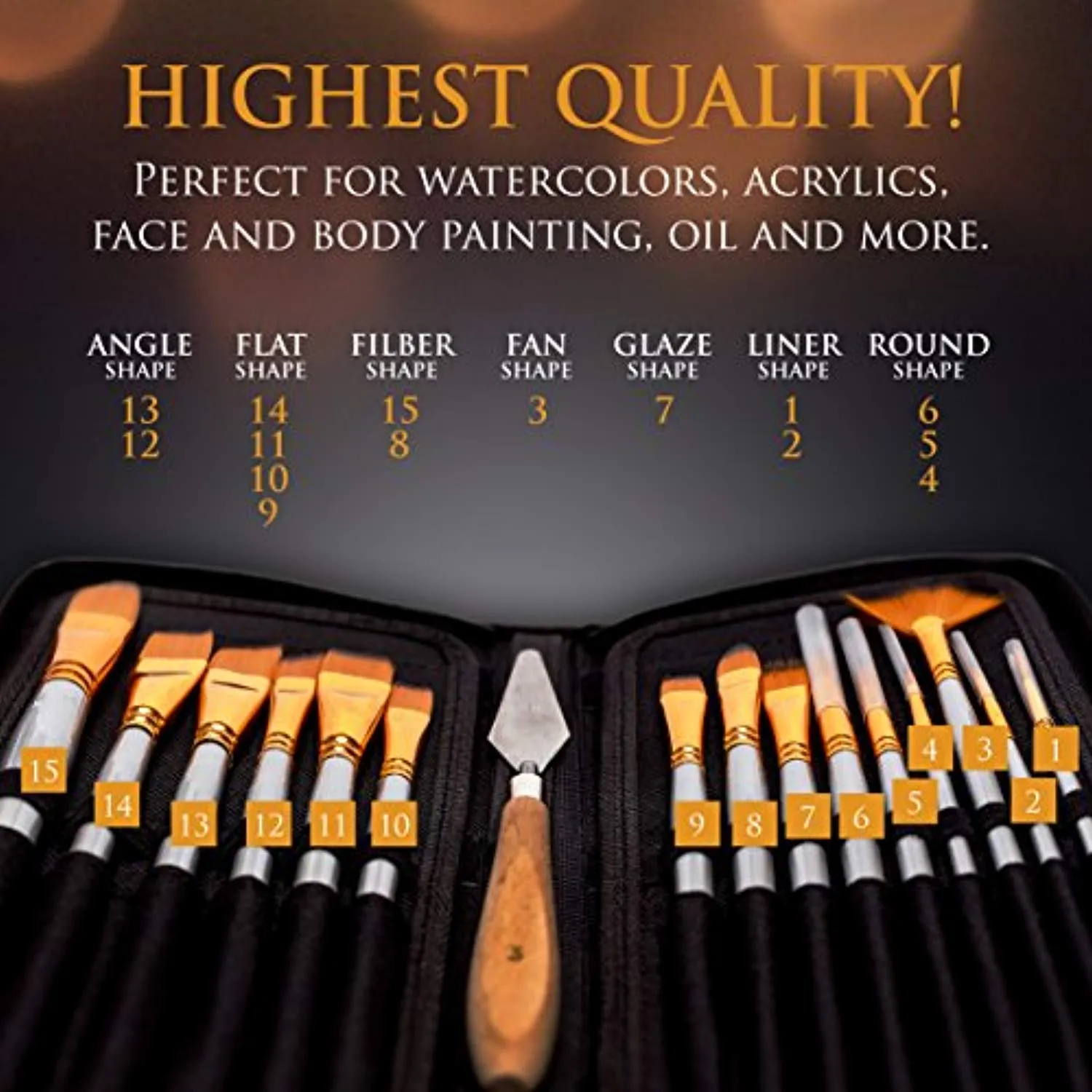 Artist Paint Brush Set – 15 Different Shapes & Sizes – FREE Painting Knife & Watercolor Sponge – No Shed Bristles – Wood Handles – For Body Paint, Acrylics & Oil