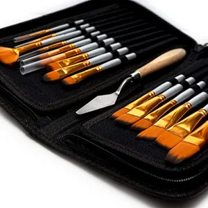 Artist Paint Brush Set – 15 Different Shapes & Sizes – FREE Painting Knife & Watercolor Sponge – No Shed Bristles – Wood Handles – For Body Paint, Acrylics & Oil