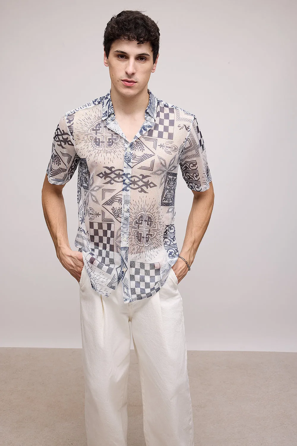 Ball Pen Effect Men's Mesh Shirt