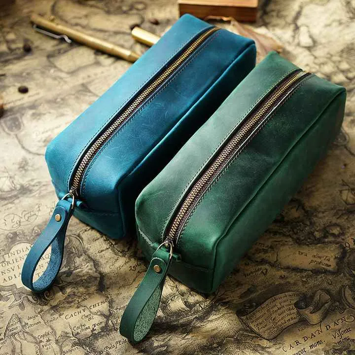 Crazy Horse Leather Pencil Bag Elegant-حقيبة أقلام جلدية