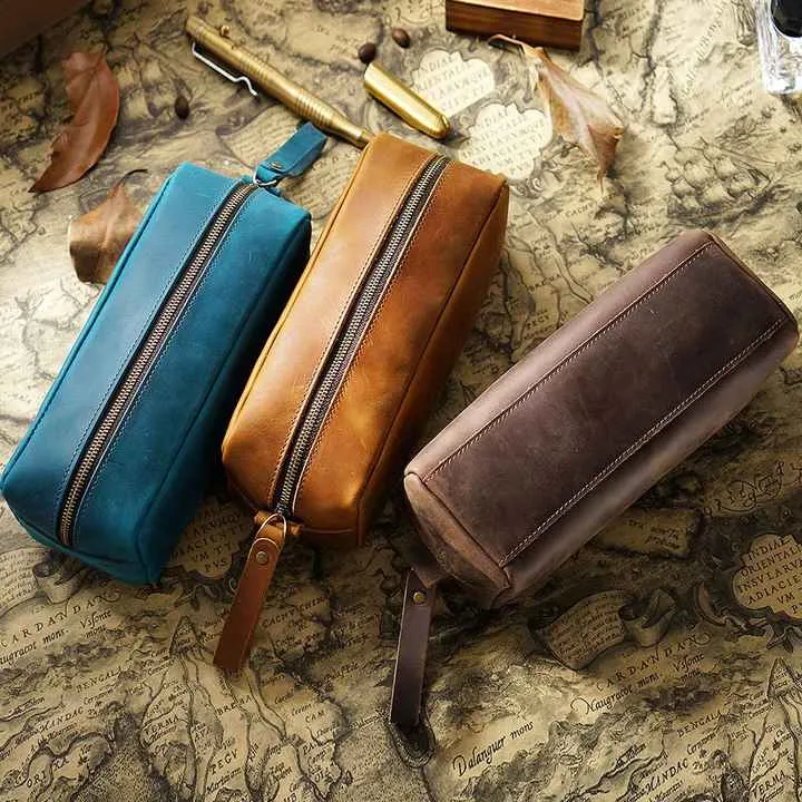 Crazy Horse Leather Pencil Bag Elegant-حقيبة أقلام جلدية
