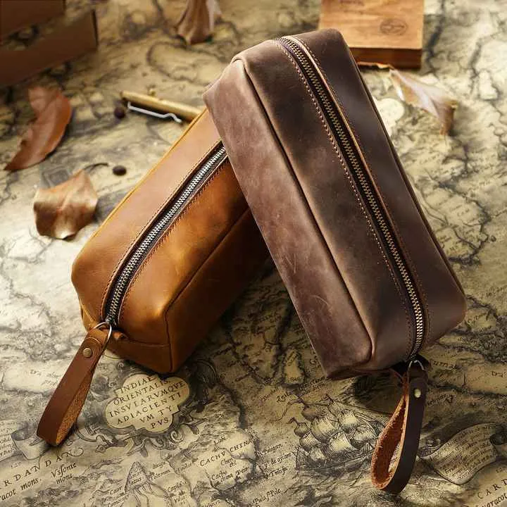 Crazy Horse Leather Pencil Bag Elegant-حقيبة أقلام جلدية