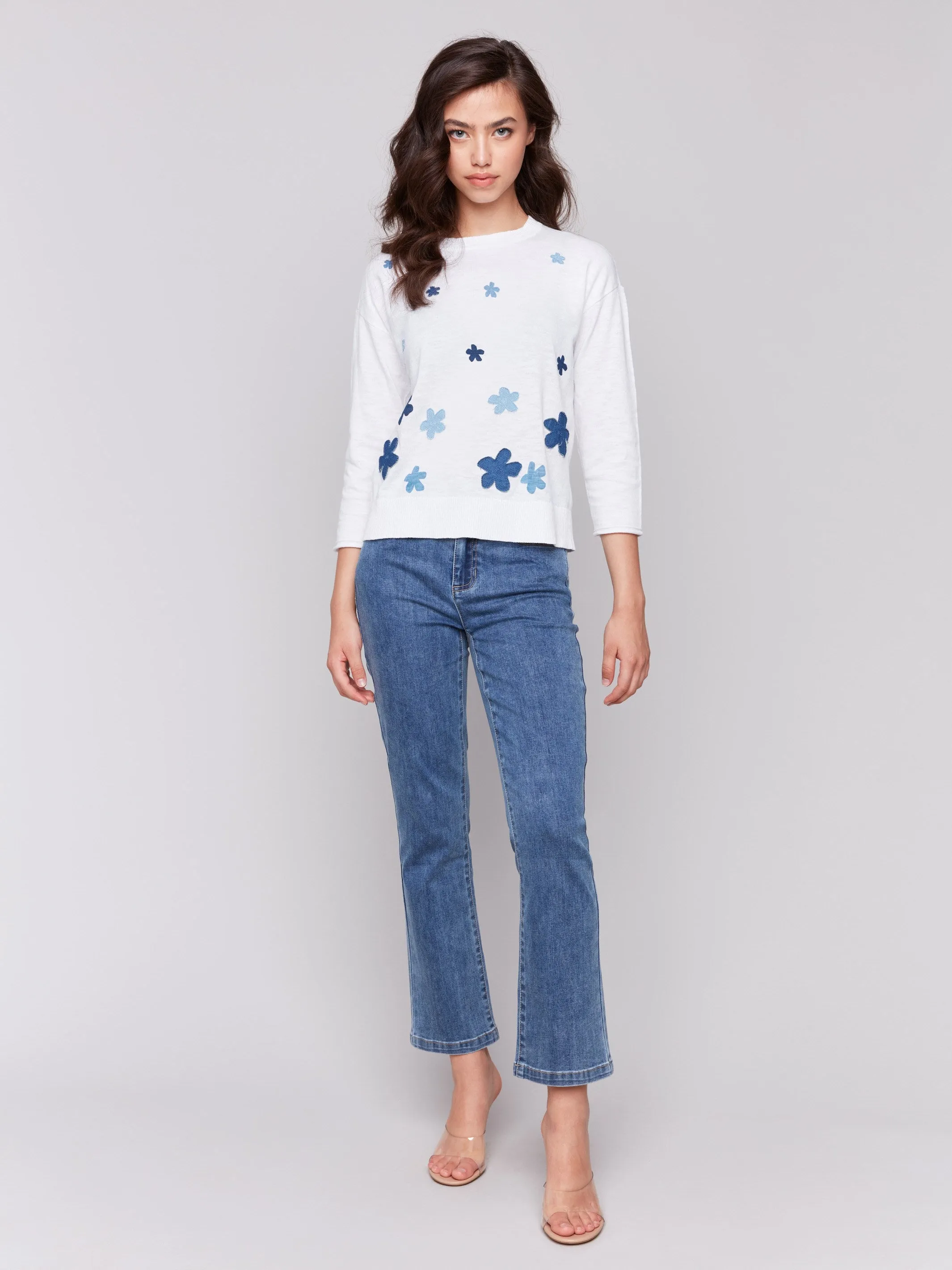 Floral Denim Patch Cotton Sweater - Patches