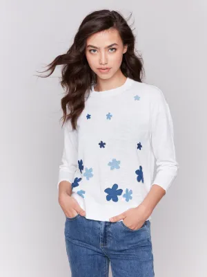Floral Denim Patch Cotton Sweater - Patches