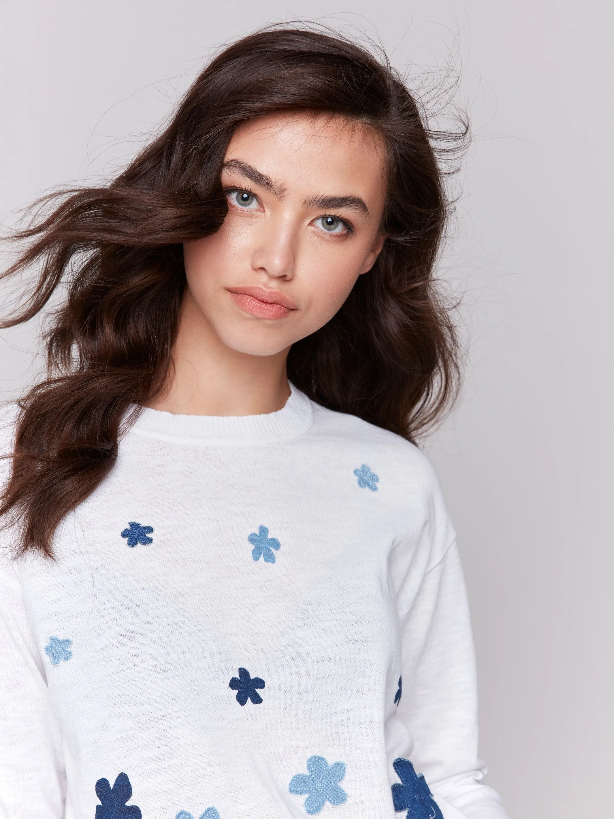 Floral Denim Patch Cotton Sweater - Patches