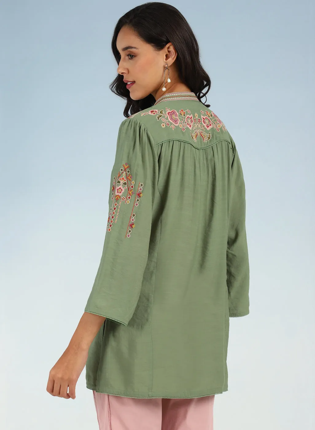 Green Floral Tunic with Shoulder Gathers