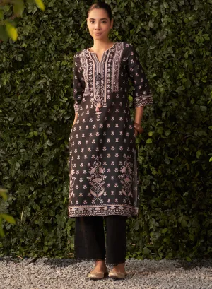 Maya Black Floral Printed Long Kurta for Women