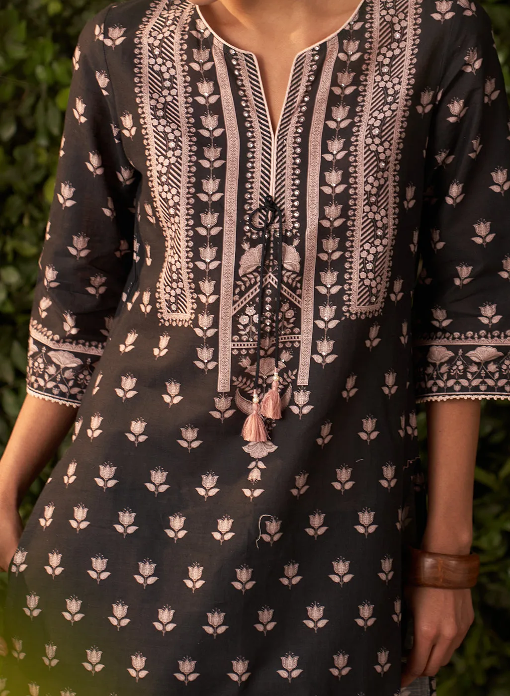 Maya Black Floral Printed Long Kurta for Women