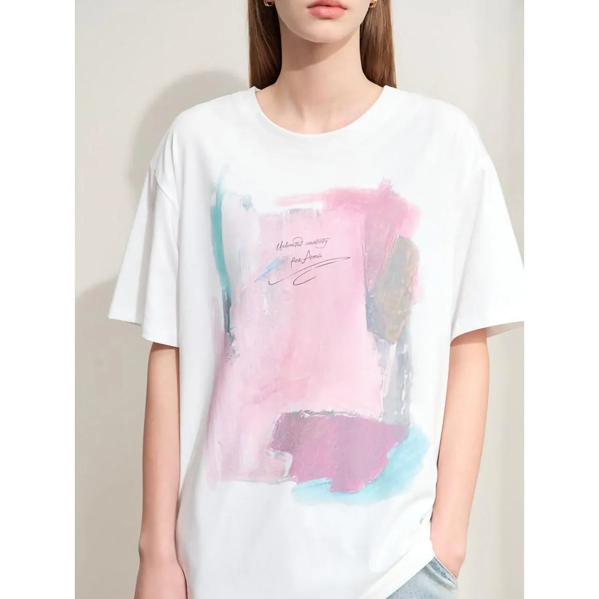 Minimalist Loose O-Neck Abstract Print T-Shirt for Women