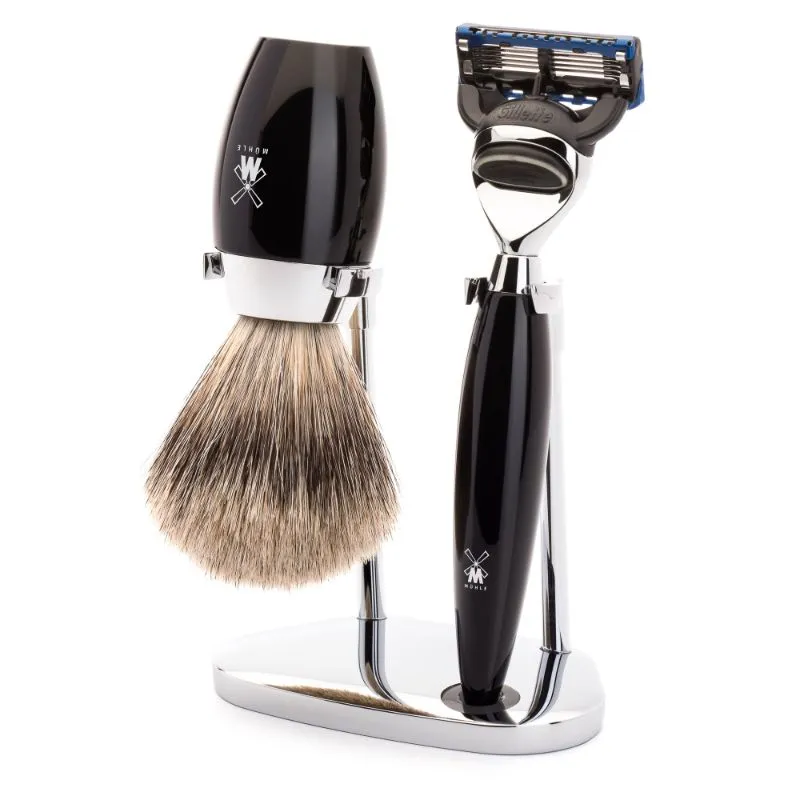 MUHLE Kosmo, Resin Black, Shaving Set - Gillette® Fusion™ 5 Razor, Fine Badger Shaving Brush