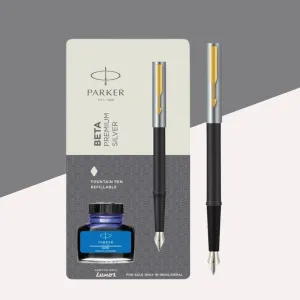 Parker Beta Premium Fountain Pen with blue ink bottle (Pack of 1)