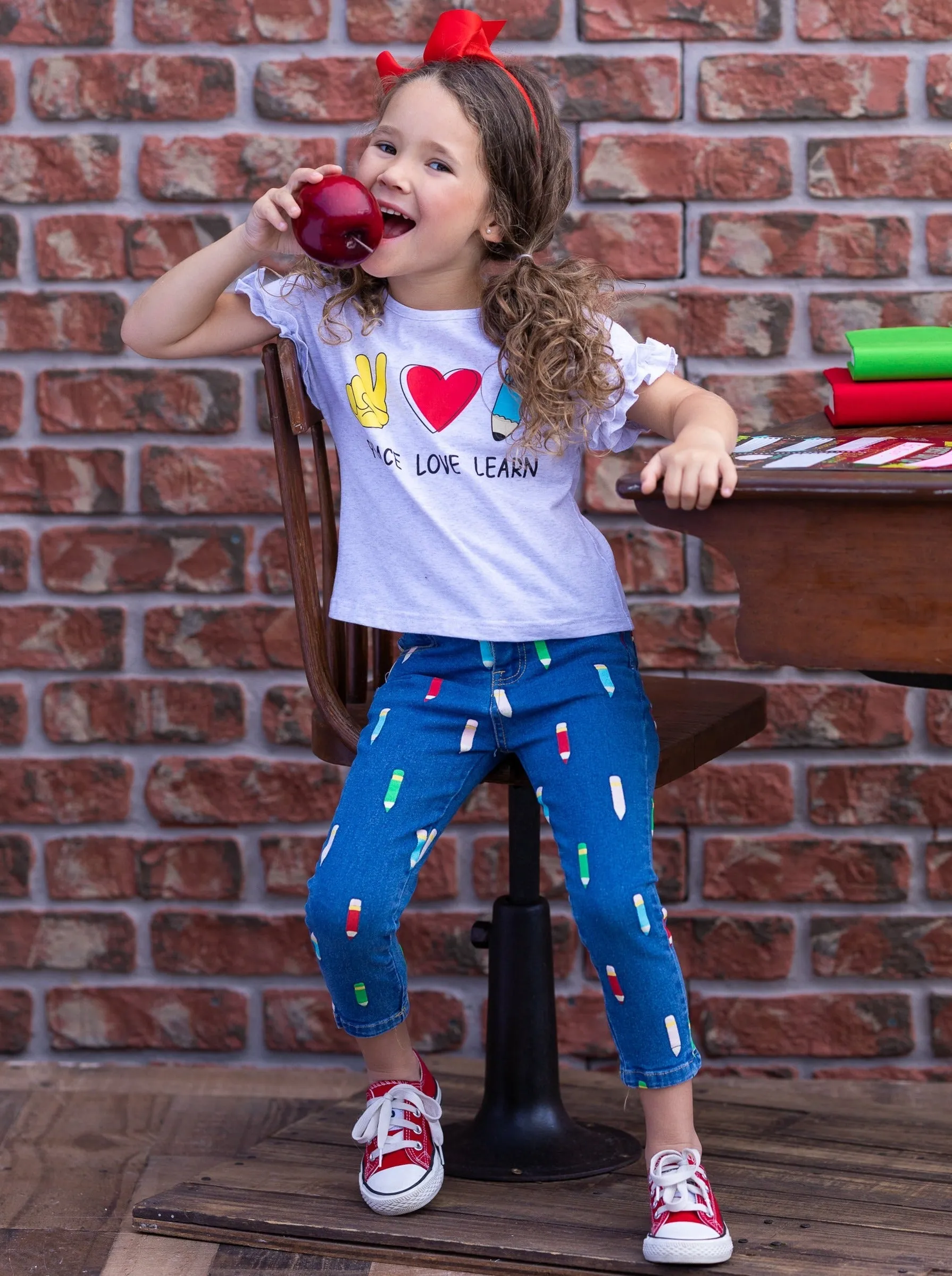 Peace, Love, Learn Pencil Applique Denim Jeans Set
