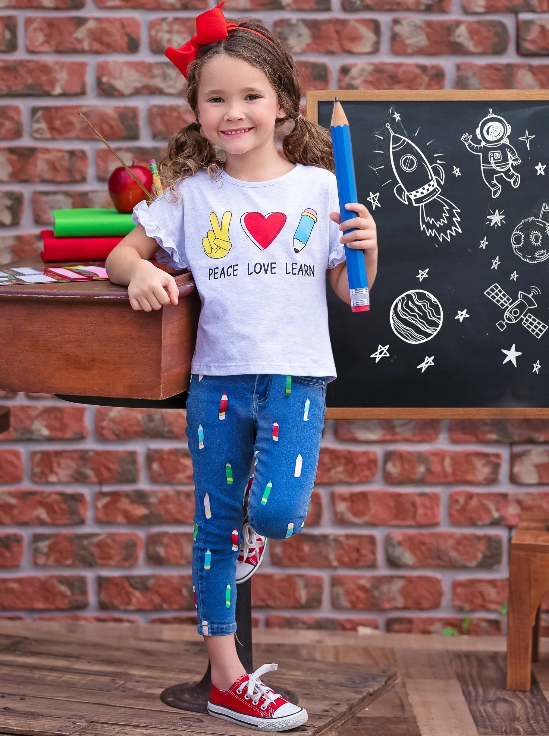 Peace, Love, Learn Pencil Applique Denim Jeans Set