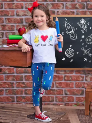 Peace, Love, Learn Pencil Applique Denim Jeans Set