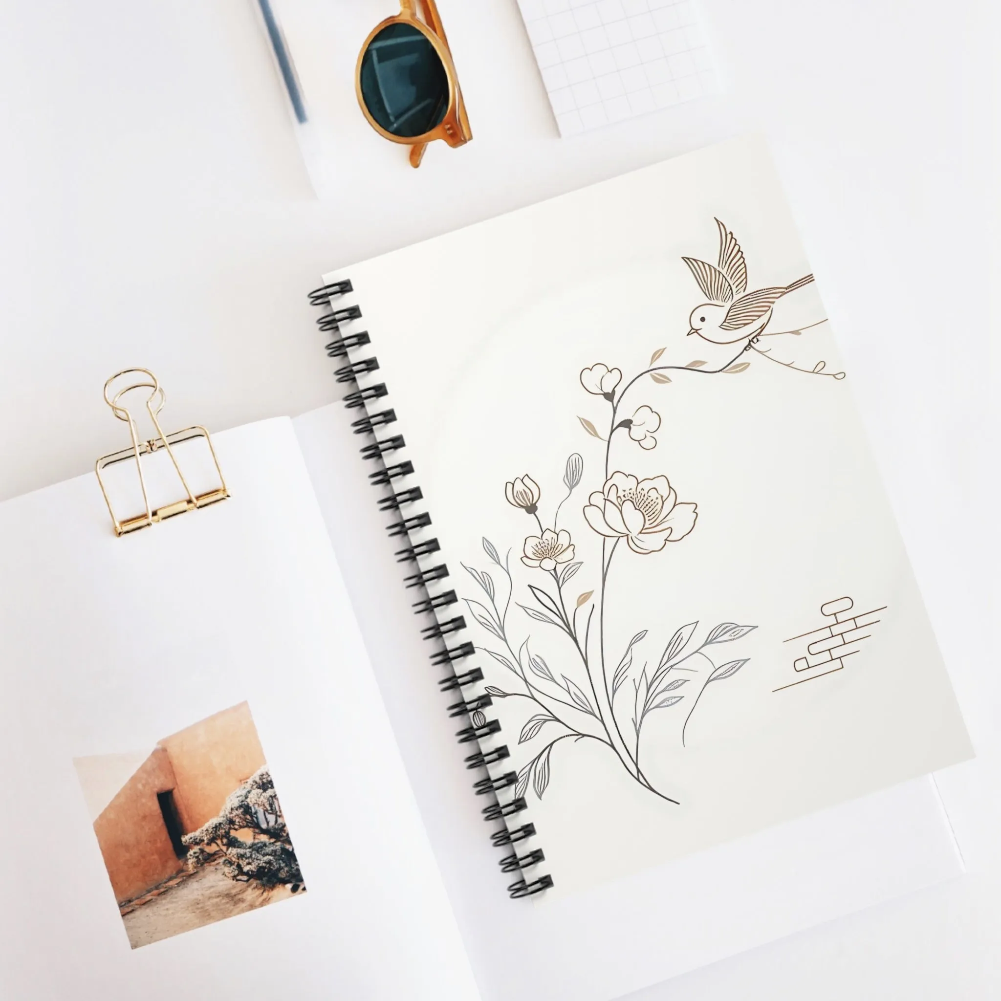 Pigeon landing on a flowering branch minimal design Spiral Notebook - Ruled Line