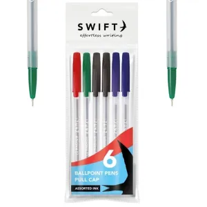 Pull Cap Assorted Ballpoint Pens - 6 Pack Smooth Writing Assorted Ink
