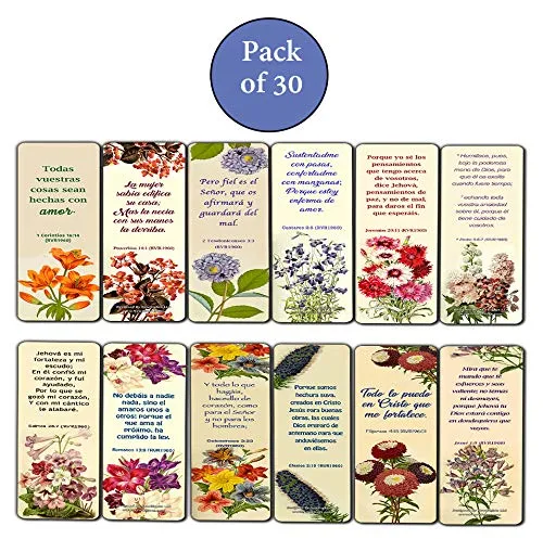 Spanish Flower Bookmarks Scriptures Series 3 (30 Pack) - RVR1960 Handy Reminder For Everyday Life with Spanish Bible Verses - War Room Decor Encouragement Gifts for Christian Church Supplies