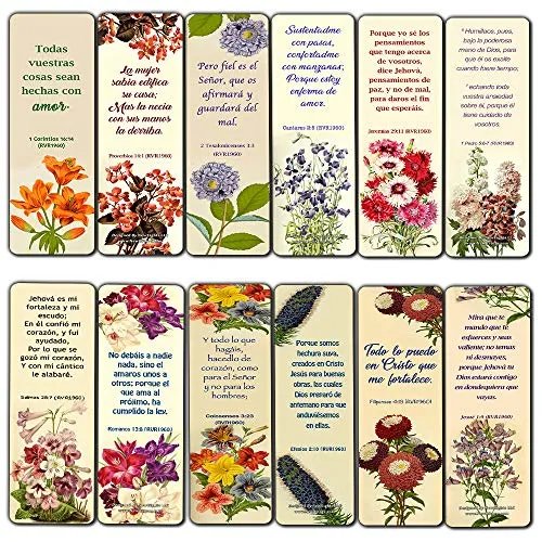 Spanish Flower Bookmarks Scriptures Series 3 (30 Pack) - RVR1960 Handy Reminder For Everyday Life with Spanish Bible Verses - War Room Decor Encouragement Gifts for Christian Church Supplies