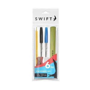 Stationery Set - 6 Piece Pens Pencil Eraser Sharpener Highlighter Essential Tools Office School