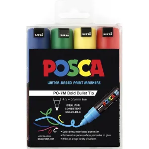 Uni Pc-7M Posca Poster Marker Medium Bullet Tip 4.5Mm Assorted Pack 4