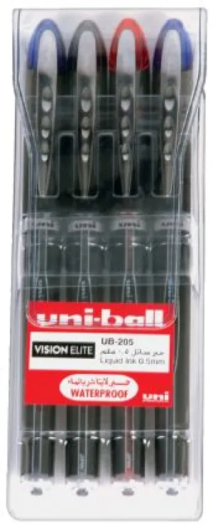 Uniball UB205 Vision Elite R/pen 0.5mm Wallet of 4 Colors