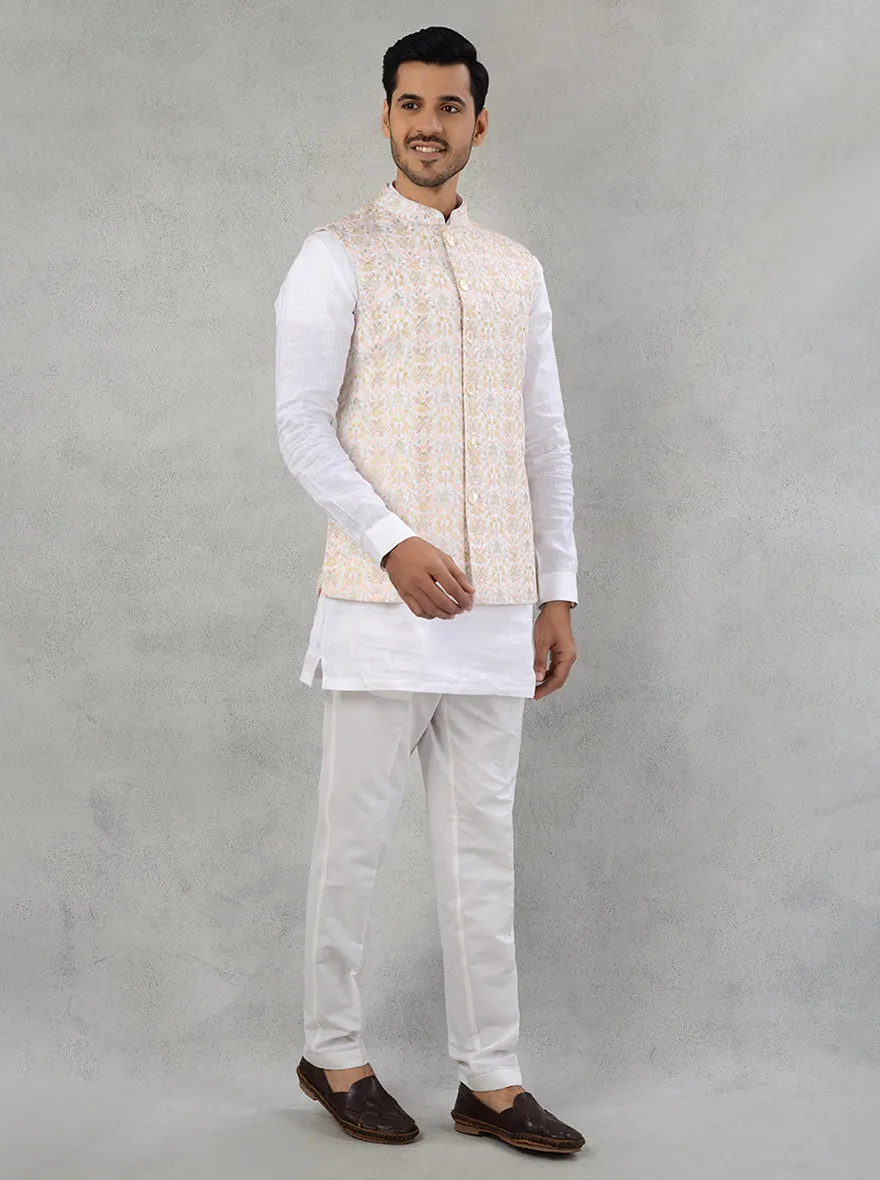 White & Peach  Kurta Set with Koti | TULA