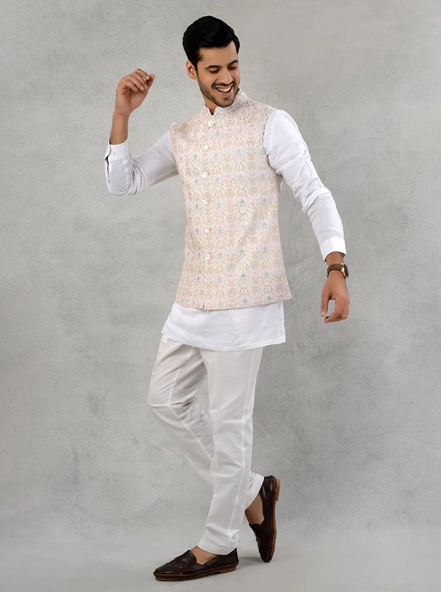White & Peach  Kurta Set with Koti | TULA