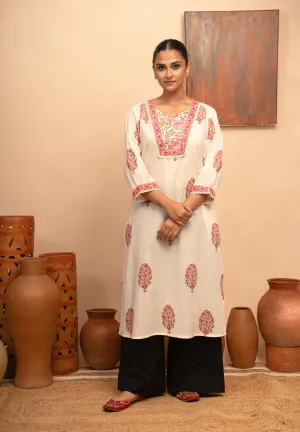 Womens Cotton White Collar Neck Block-Printed Regular Fit Kurta - Arya collection